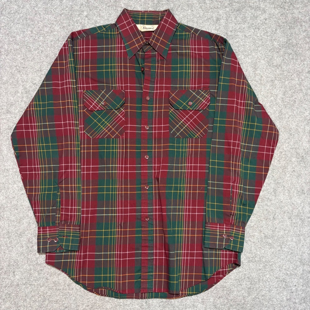 Kingsport Mens Plaid Button Down Shirt Red Green Yellow Long Sleeve Pockets M
